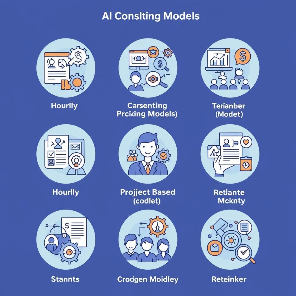 Visual representation of AI consulting pricing models: hourly, project-based, and retainer